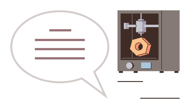 Innovation, technology, prototyping, product design, 3D printing, communication. A 3D printer creating a geometric object with a speech bubble nearby. Innovation and technology concepts