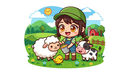 Obraz premium Happy girl feeding farm animals including a cow and sheep in a sunny green meadow, vector illustration.