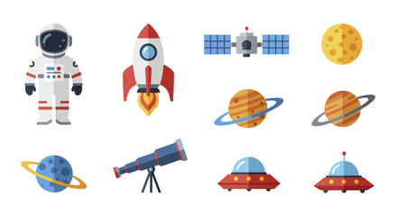 Astronaut Rocket Satellite Planets Telescope UFOs and Moon Collection. © Yuni