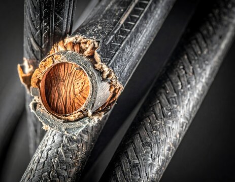 Close-up view of a damaged electrical cable with exposed copper wiring and frayed insulation.