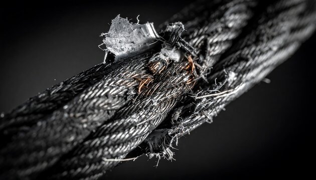 Close-up of a severely frayed and rusted industrial wire rope showing significant wear and tear, indicating damage and potential failure.