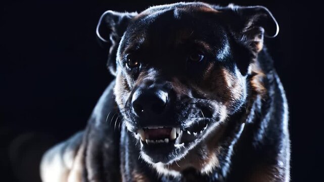 Aggressive Rottweiler Dog Shows Teeth in Dramatic Low-Key Lighting.