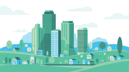 Fototapeta premium A stylized digital illustration depicts a cityscape with buildings and trees on a green landscape
