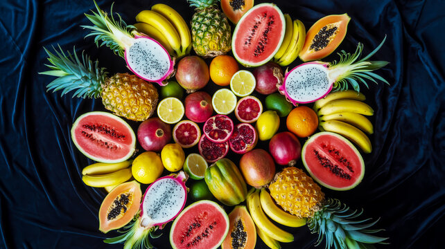 Vibrant arrangement of exotic fruits on display