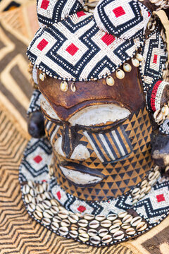 African Kuba Royal Ngady a Mwaash Mask with Beaded Patterns and Cowrie Shells