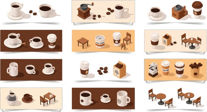 Cute coffee and tea set illustrations in cozy cafe scene Vector