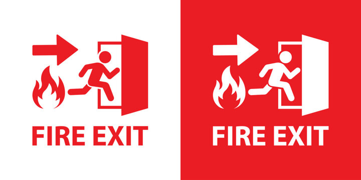 Professional "FIRE EXIT" sign with a running person, flame icon, and directional arrow. A clear red and white vector graphic designed for building safety, evacuation, and fire prevention protocols.