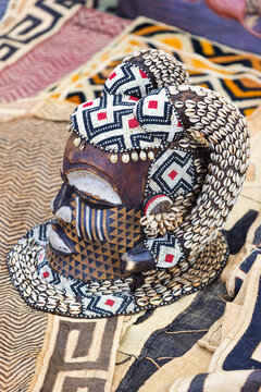 African Kuba Royal Ngady a Mwaash Mask with Beaded Patterns and Cowrie Shells