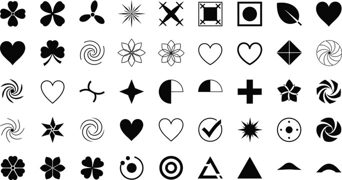 Minimalist black and white icons set with hearts and flowers Vector