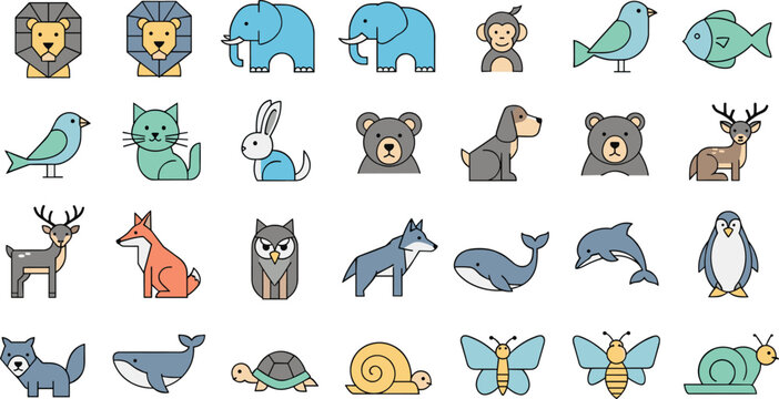 Cute animal vector icon set with lion elephant monkey bird fish cat dog deer fox whale dolphin in flat style