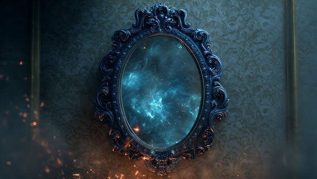 Ornate dark blue oval mirror reflecting cosmic nebula with fiery sparks, contrast of celestial and hellish, perfect for fantasy art, supernatural