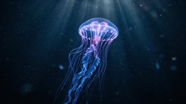 Graceful jellyfish with glowing tendrils in dark underwater seamless loop animation