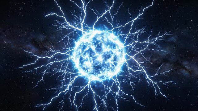 Electric discharge ball with tesla coil effect glowing blue on black background loop