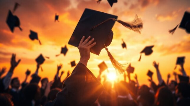 Graduation success and achievement concept with students throwing caps into the air at sunset. Educational accomplishment and university commencement ceremony celebration.