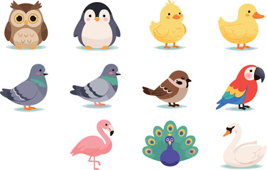 Obraz premium Cute cartoon bird icon set featuring owl penguin chick duck pigeon sparrow parrot flamingo peacock and swan in playful style