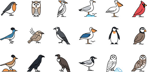 Fototapeta premium Cute flat bird icon set featuring owl penguin seagull cardinal crow sparrow vector collection for wildlife nature design