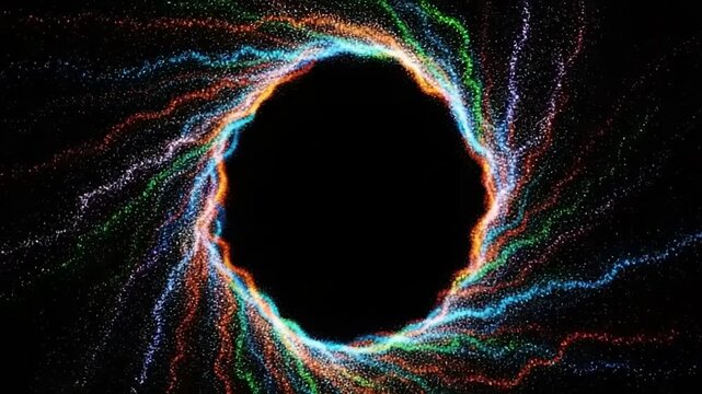 Abstract swirling colorful light particles forming a digital vortex tunnel on black background.