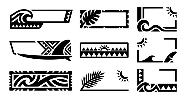Collection of 9 blank tropical tribal vector frames. Includes black and white ocean waves, sun, palm leaf, shark fin, surfboard and geometric patterns