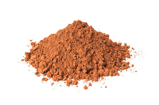 Pile of organic dark cocoa powder. Natural raw ingredient for chocolate making, baking, and healthy smoothies, isolated on white background.