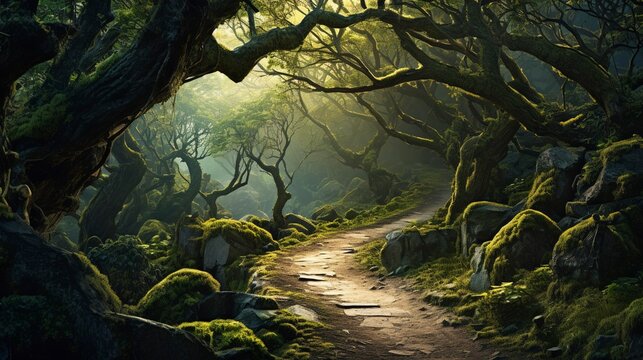 A photo of a winding forest path with overhanging branches.
