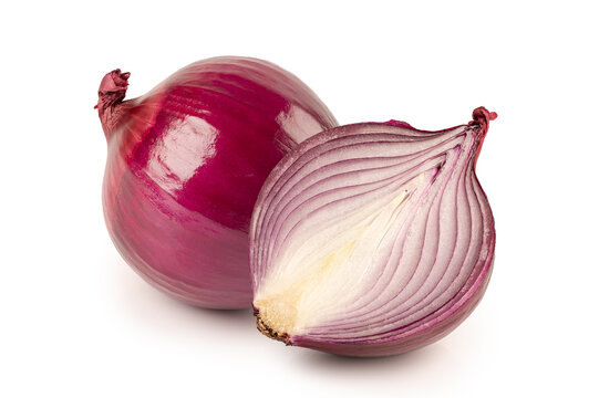 Whole red onion paired with fresh half-cut slice layers. Organic vegetable ingredient for healthy cooking isolated on white background.