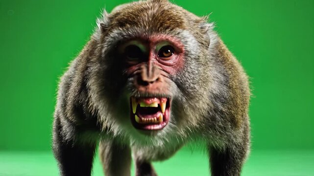 Aggressive monkey displaying teeth on a vibrant green background ready to attack.