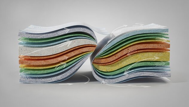 Medium shot highlighting delaminating multilayer stacks demonstrating separation of layers for efficient recycling and repulping supporting circular economy goals in packaging.