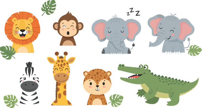 Cute cartoon animals sleeping and playing in jungle Vector