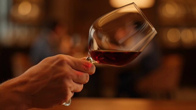 A hand gently holds a stemmed glass of vibrant red wine, capturing an elegant moment of enjoyment in a soft-focus restaurant or bar atmosphere