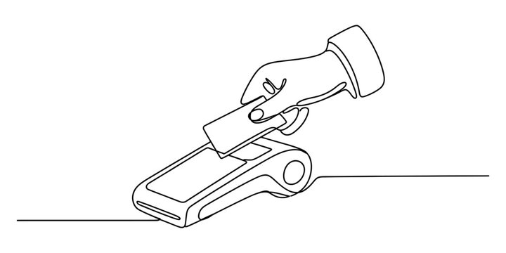 Hand holding credit card inserting into payment terminal, simple line art illustration