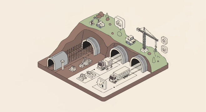 Isometric illustration of tunnel construction and underground infrastructure development.