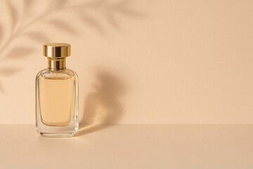 Naklejka premium Luxury Perfume Bottle Mockup on Beige Background with Soft Shadow Minimal Cosmetic Product Display