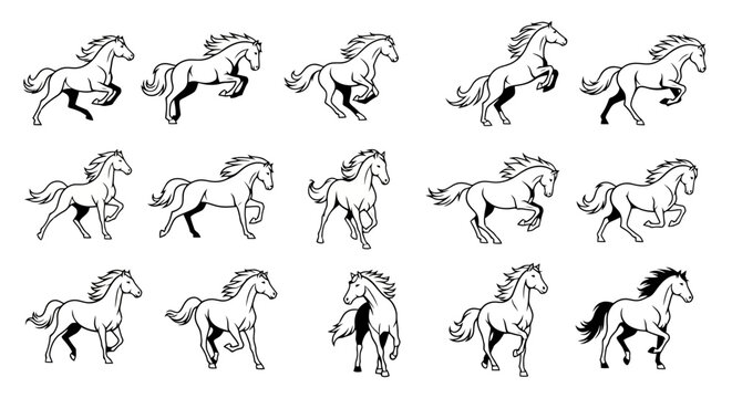 A detailed sequence of black and white illustrations depicting horses in various running and galloping poses, suitable for animation sprites or motion studies.