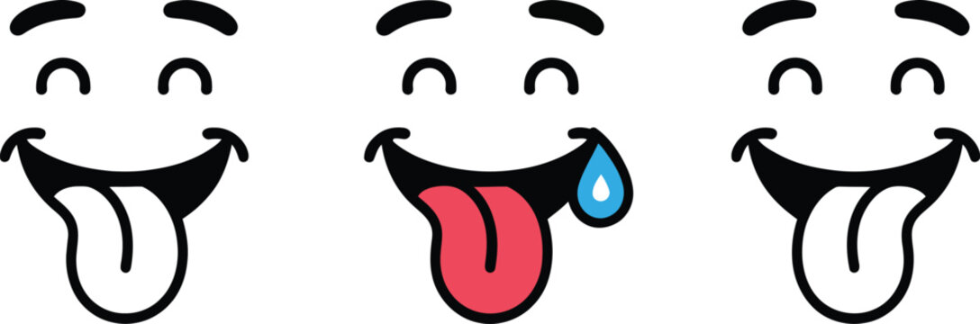 Funny faces happy silly smiles tongue out drooling expression cartoon emoji icons fun playful joy laughter.