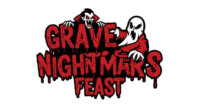 A spooky logo featuring a vampire and a ghost with dripping red text 'GRAVE NIGHTMARE'S FEAST' on a white background.