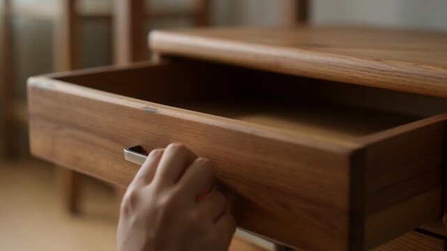 A hand opening a wooden drawer to reveal its empty interior, suggesting storage or organization