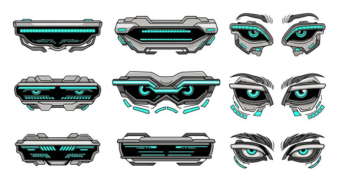 Pixel art collection of futuristic robot eyes and cybernetic visors with glowing teal lights, perfect for game assets and sci-fi interfaces.
