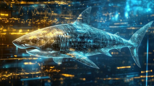 Digital shark in futuristic city background