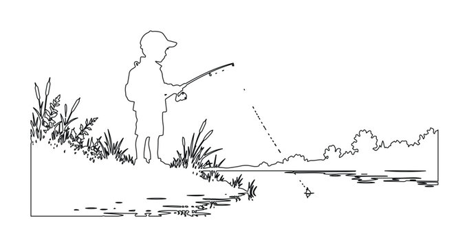 Minimalist line art of a young boy fishing by a river, child holding a fishing rod on a grassy bank, simple black and white nature scene vector isolated on White Background