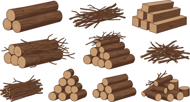 Various styles of firewood and chopped wood Vector