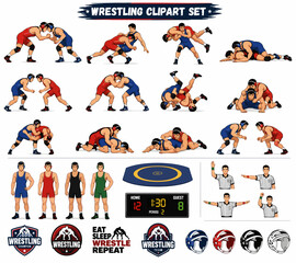 Fototapeta premium Wrestling clipart set featuring athletes, referees, and sport icons
