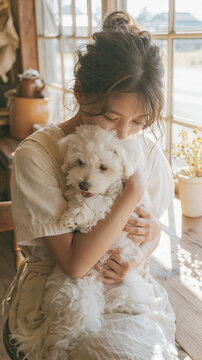 Young woman holding a fluffy white puppy in soft natural sunlight, cozy lifestyle scene
,子犬を優しく抱きしめる女性、自然光あふれる癒やしのライフスタイルシーン
