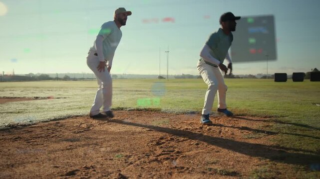 Coach and player fist bumping and initiating baseball drill, animated arrows showing squat form