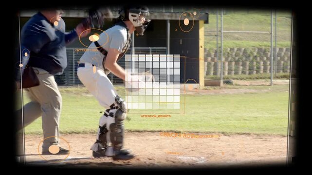 Baseball pitcher pitching runner sliding home trying to score as catcher tagging and HUD overlaying
