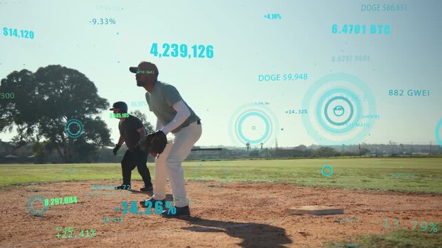 Baseball runner sprinting toward base fielder stepping to tag holding runner AR floating DOGE HUD
