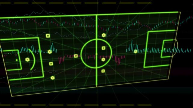 Dashed yellow lines sparking neon green pitch rising adding data overlay nodes forming tactic triad