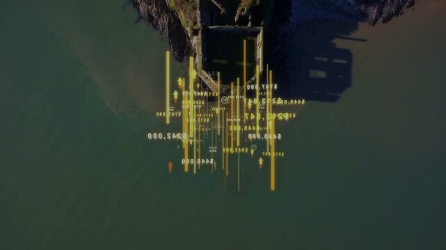 Camera moving toward headland yellow HUD growing bars rising labels flipping scanning fort for scan