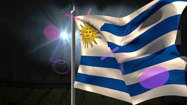 National flag waving after gust, floodlight flaring, magenta shapes drifting, showing Sun emblem