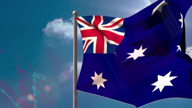 Gusts of wind sending national flag fluttering, folding and unfurling, charts visualizing trends