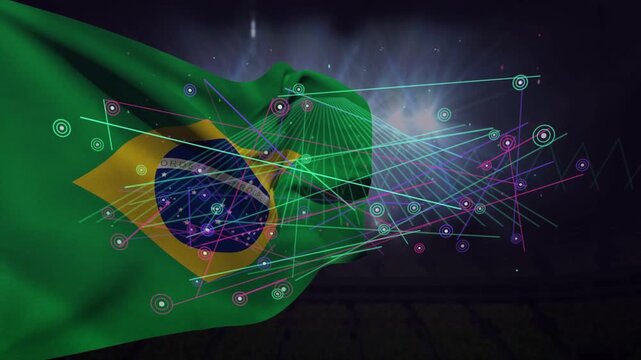 Brazilian flag waving, starting with nodes appearing, neon lines scanning to highlight folds